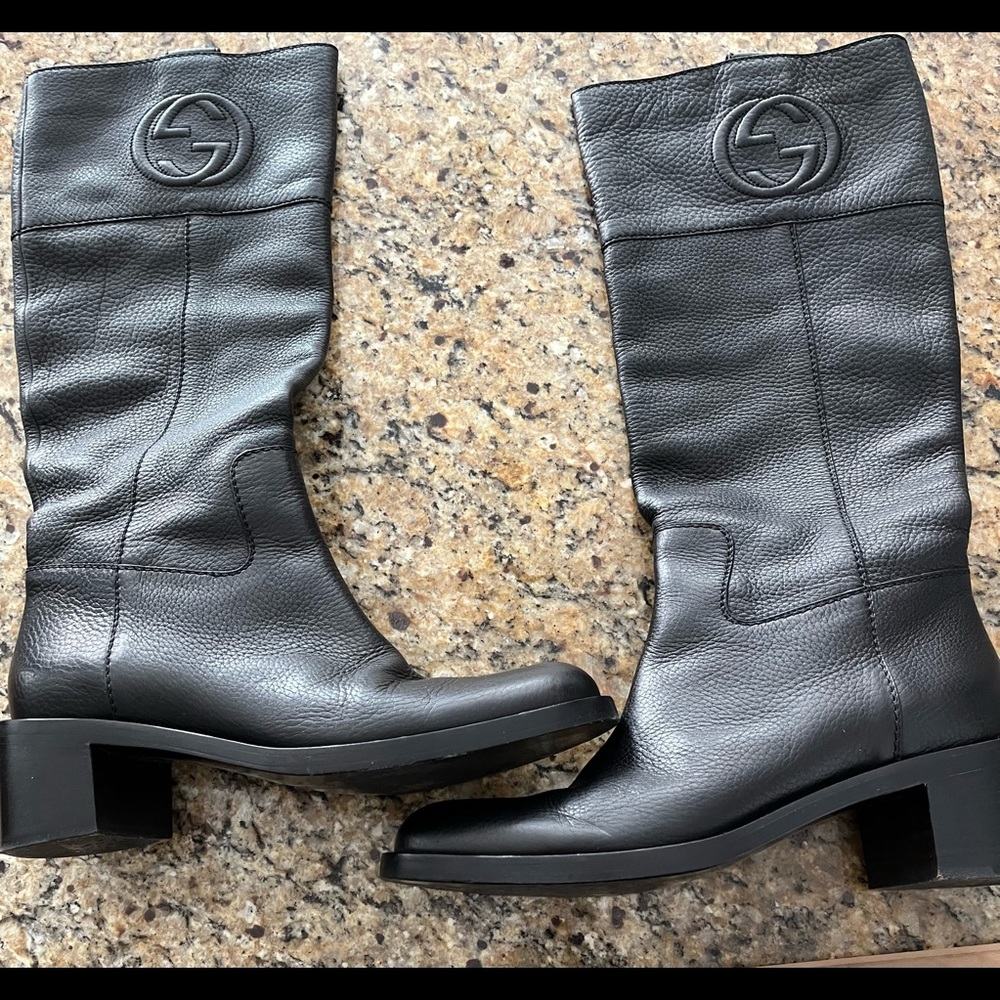 Beautiful Gucci Interlocking GG Black Leather Knee Boots Size 40 US 91/2-10 M